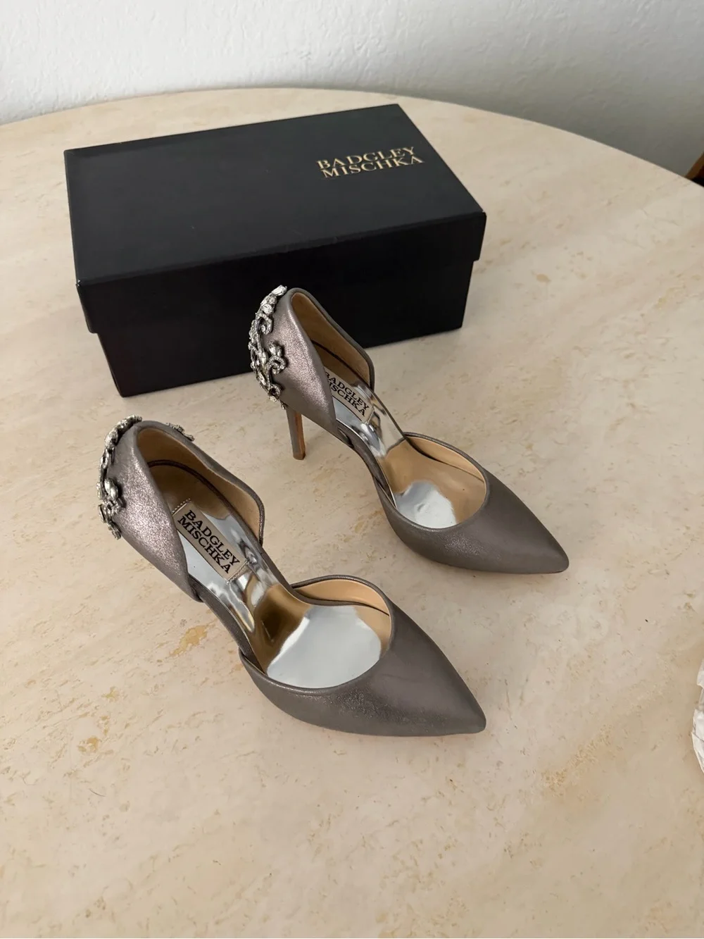 Badgley Mischka Metallic Taupe D'Orsay Pumps with Embellished Heel
